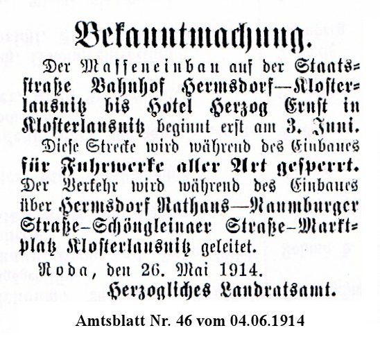04.06.1914  Bekanntmachung aus dem Amtsblatt